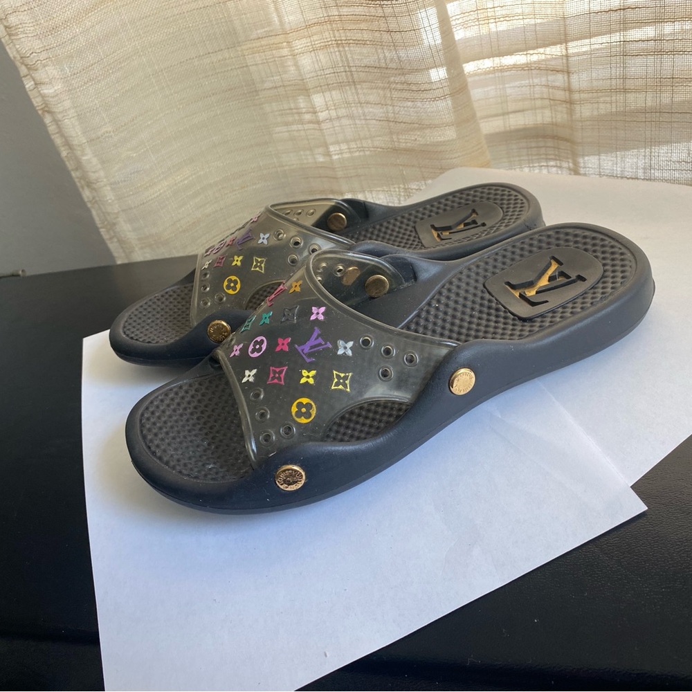 Louis Vuitton Black Slide Sandals Multicolor Logo Murakami 37 spa beach mules 7 - Picture 2 of 7